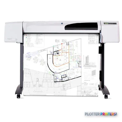 HP Designjet 510ps 42-in Printer product image showing front view with architectural blueprint loaded