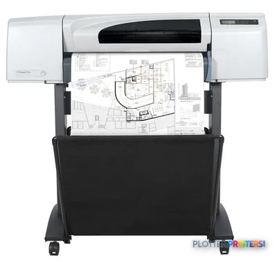 HP Designjet 510ps 24-in Printer product image showing white and black large-format printer with architectural blueprint out…