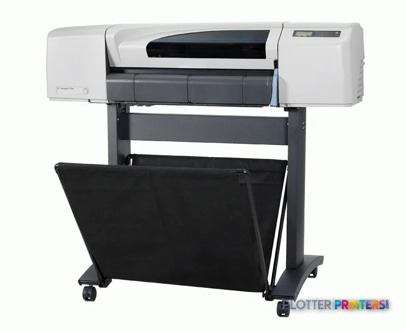 HP Designjet 510ps 24-in Printer product image showing white and gray large-format printer on mobile stand with output tray