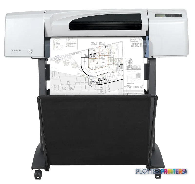 HP Designjet 510ps 24-in Printer product image showing white and black large-format printer with architectural blueprint out…