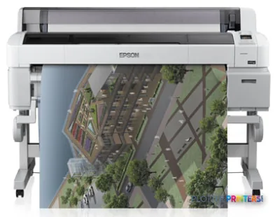 Epson T7070 large format inkjet printer with aerial cityscape print displayed on output tray
