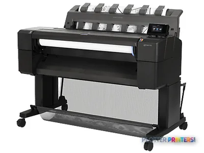 HP Designjet T920 914 mm PS ePrinter large format printer shown from the front, displaying the paper feed system and control…