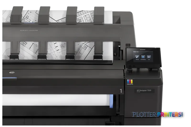 HP Designjet T920 914 mm PS ePrinter large format printer product image showing front view with integrated media handling an…