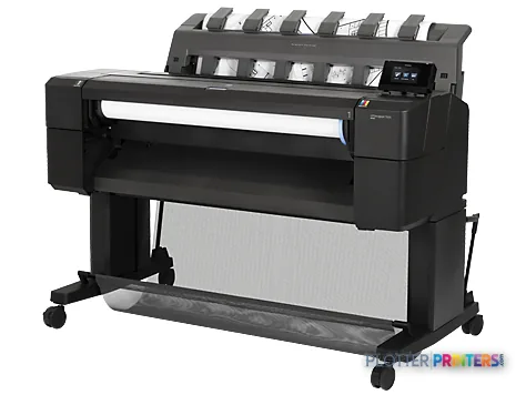 HP Designjet T920 914 mm PS ePrinter large format printer shown from the front, displaying the paper feed system and control…