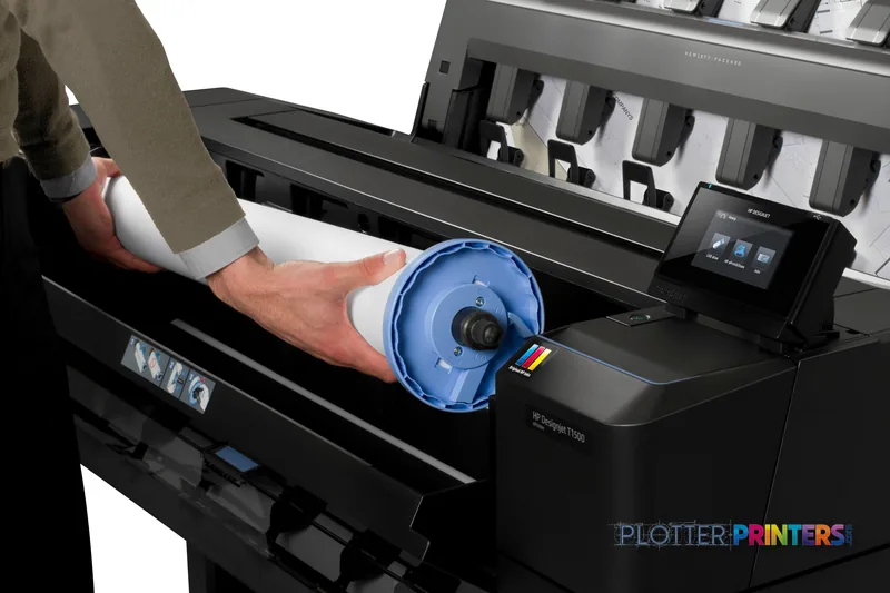 HP Designjet T920 lifestyle image showing a person loading a blue ink cartridge into the black printer