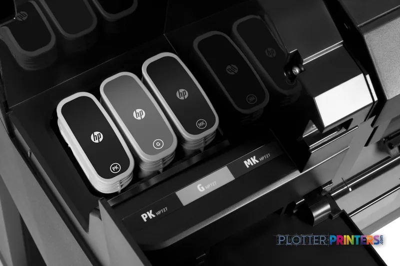 HP Designjet T920 product image showing black printer with ink cartridges installed