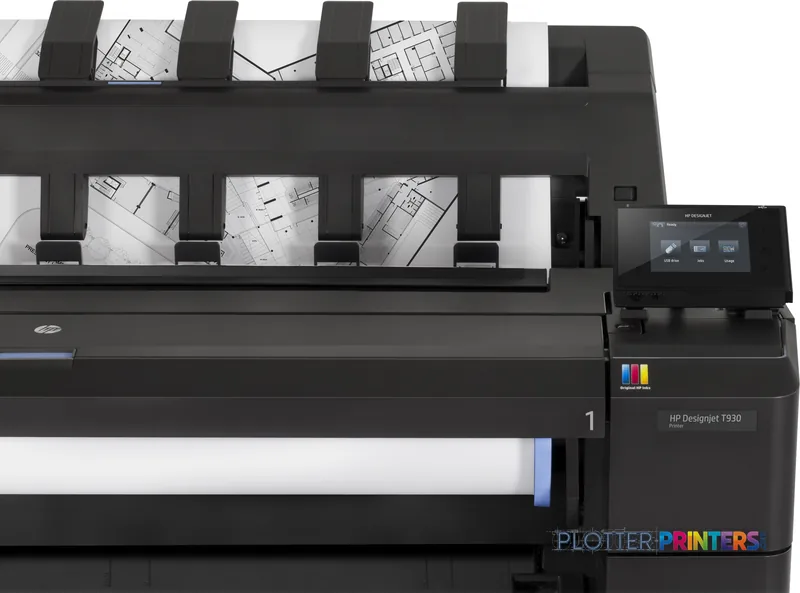HP Designjet T920 large format printer product image showing black thermal inkjet printer with architectural blueprints load…