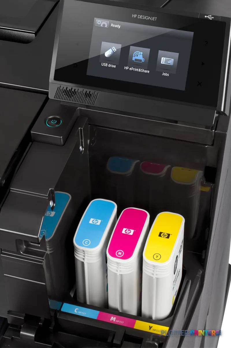 HP Designjet T920 product image showing open ink cartridge bay with color ink tanks and touchscreen display