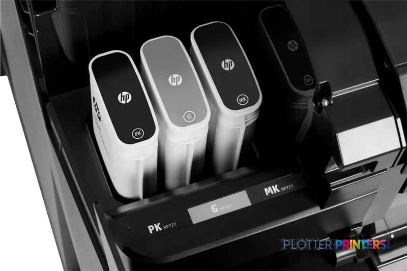 HP Designjet T920 product image showing ink cartridge bay with multiple HP-branded cartridges installed