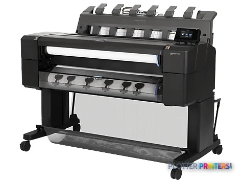 HP Designjet T1500 36-in ePrinter large format printer shown from the front, displaying the paper feed system and control pa…