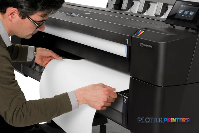 User removing a large printed document from the HP Designjet T1500 36-in PS ePrinter