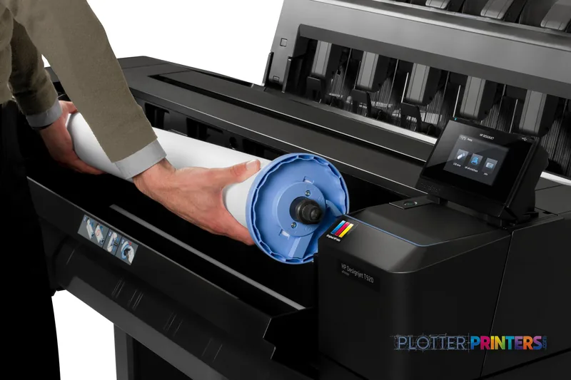 HP Designjet T1500 36-in PS ePrinter lifestyle image showing a person loading a blue ink cartridge into the printer