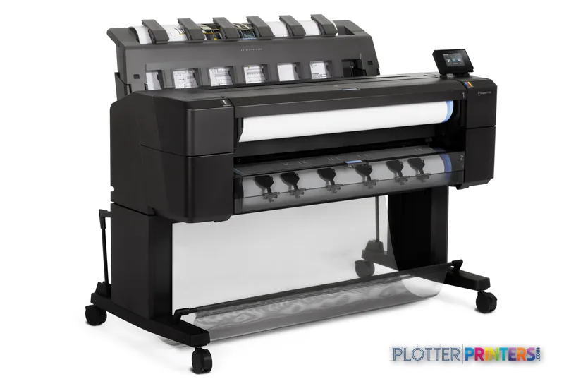 HP Designjet T1500 36-in PS ePrinter eHDD large format printer product image showing front view with dual paper rolls and in…