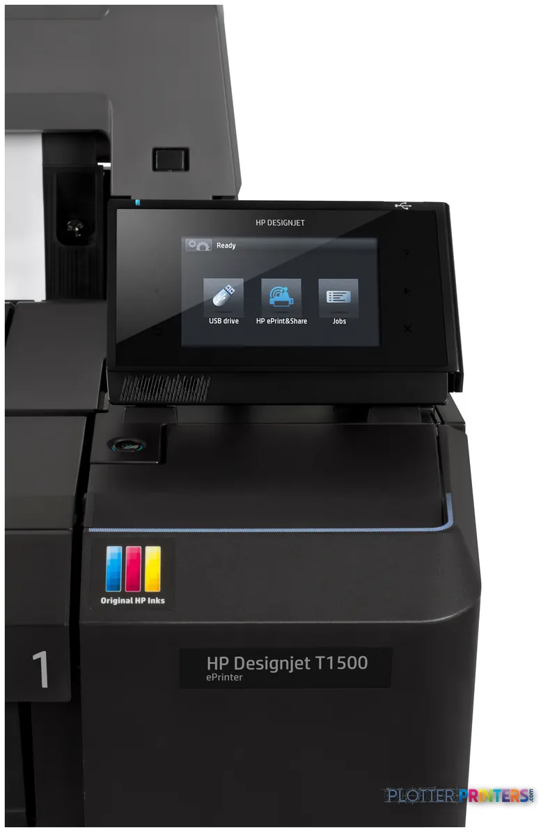 HP Designjet T1500 36-in PS ePrinter product image showing front view with touchscreen display and ink cartridges
