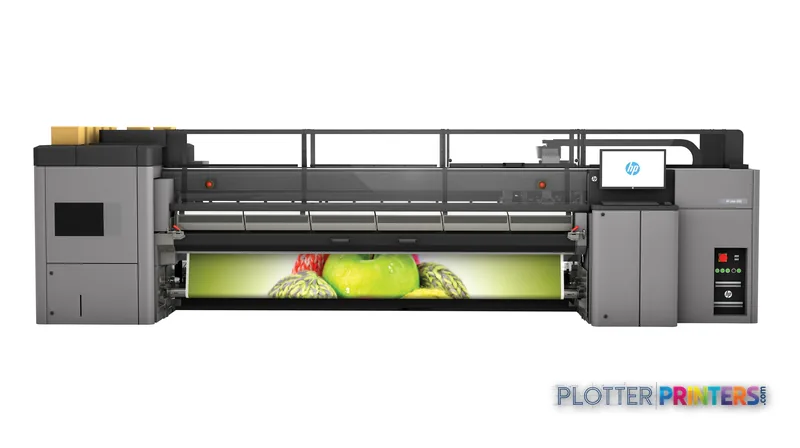 HP Latex 3000 Printer product image showing large-format printer with vibrant fruit print displayed on media