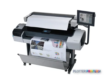 HP DesignJet T1200 HD Multifunction Printer product image showing front view with media loaded and touchscreen display