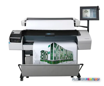 HP DesignJet T1200 HD Multifunction Printer product image showing the large-format printer with architectural rendering outp…