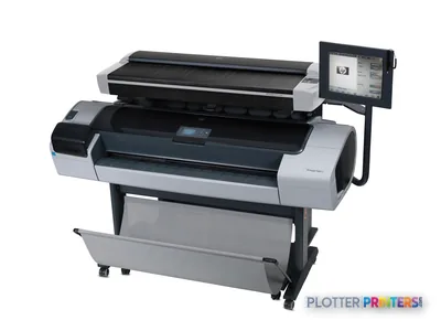 HP DesignJet T1200 HD Multifunction Printer product image showing the full printer setup with dual roll feed system and atta…