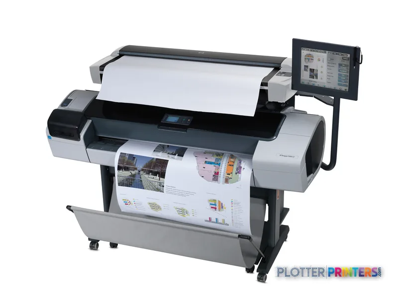 HP DesignJet T1200 HD Multifunction Printer product image showing front view with media loaded and touchscreen display