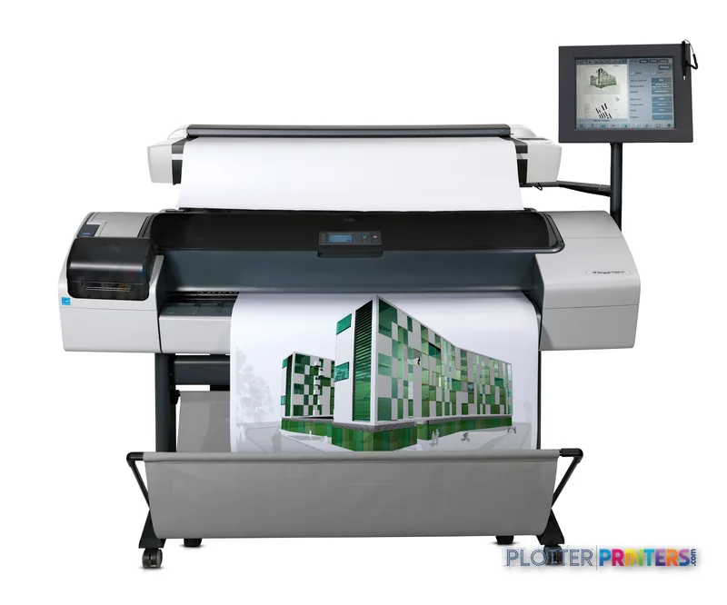 HP DesignJet T1200 HD Multifunction Printer product image showing the large-format printer with architectural rendering outp…