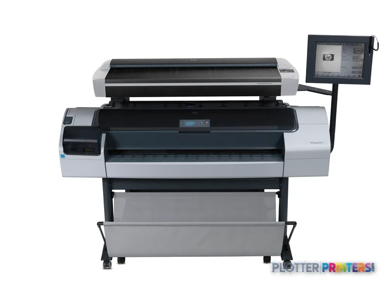 HP DesignJet T1200 HD Multifunction Printer product image showing front view with dual roll feed system and touchscreen disp…