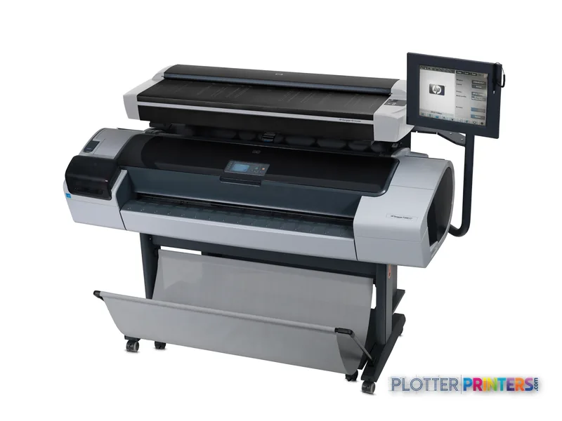HP DesignJet T1200 HD Multifunction Printer product image showing the full printer setup with dual roll feed system and atta…