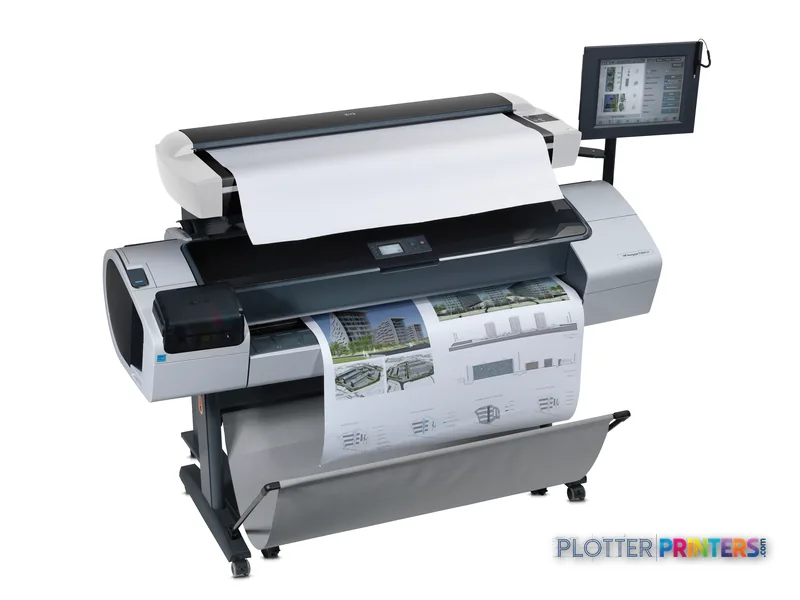 HP DesignJet T1200 HD Multifunction Printer product image showing white and black large-format printer with touch screen and…