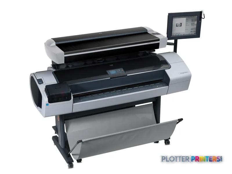 HP DesignJet T1200 HD Multifunction Printer product image showing front view with touchscreen display and stand