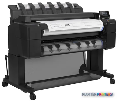 HP Designjet T2500 36-in eMFP large-format printer product image showing front view with white paper loaded and ink cartridg…