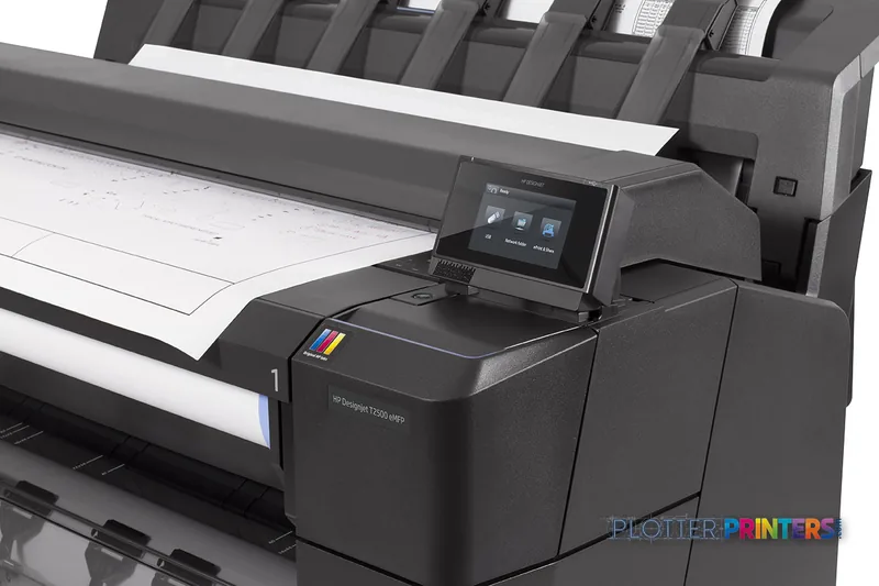 HP Designjet T2500 36-in eMFP large format printer product image showing the device with output tray and touchscreen display