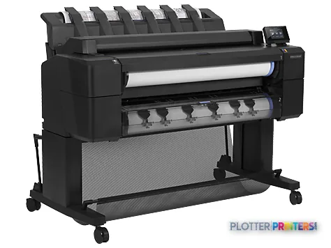 HP Designjet T2500 36-in eMFP large format printer front view showing paper roll and ink cartridges