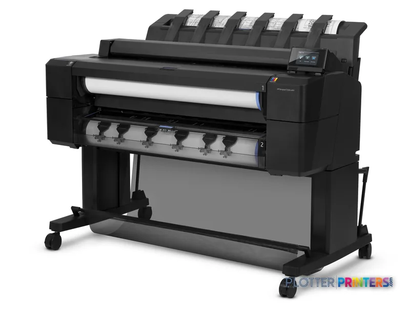 HP Designjet T2500 36-in eMFP large-format printer product image showing front view with paper roll loaded and ink cartridge…