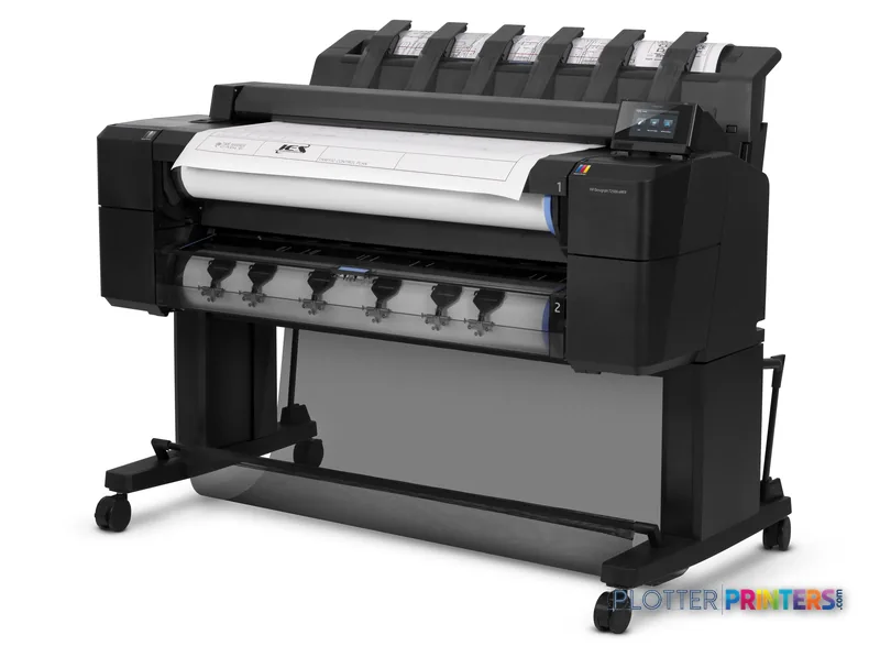 HP Designjet T2500 36-in eMFP large-format printer product image showing front view with white paper loaded and ink cartridg…