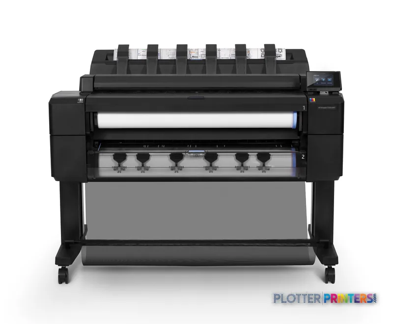 HP Designjet T2500 36-in eMFP large format printer front view showing ink cartridges and paper feed