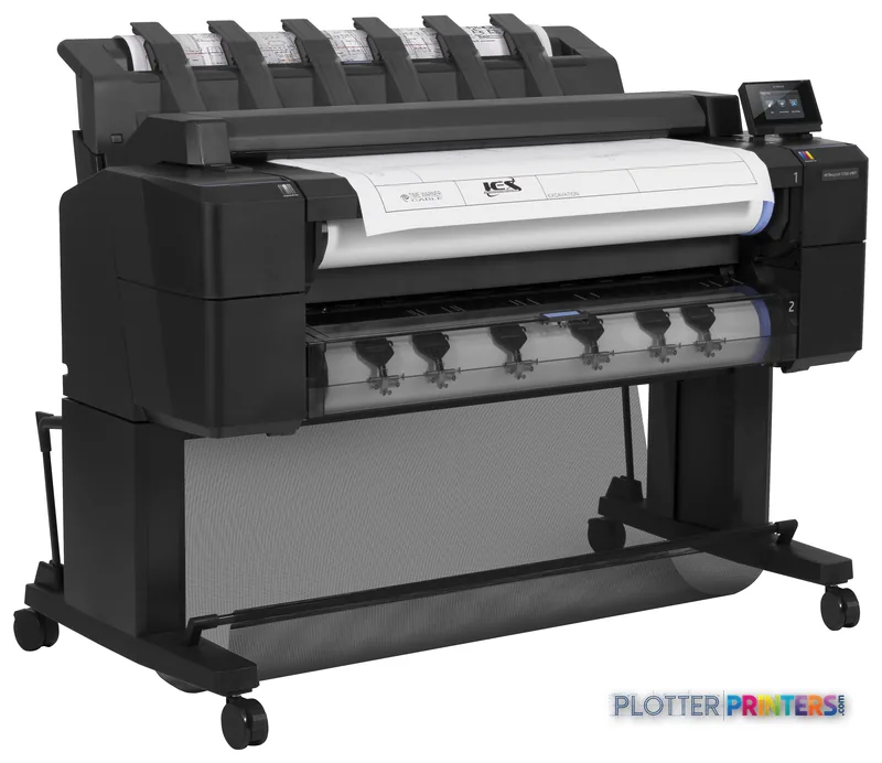 HP Designjet T2500 36-in eMFP large-format printer product image showing front view with white paper loaded and ink cartridg…