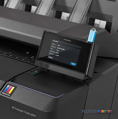 HP Designjet T2500 36-in eMFP large format printer product image showing front control panel with touchscreen display