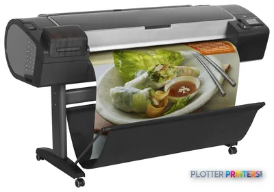 HP Designjet Z5400 large-format printer product image showing black and grey device on stand with food photography output