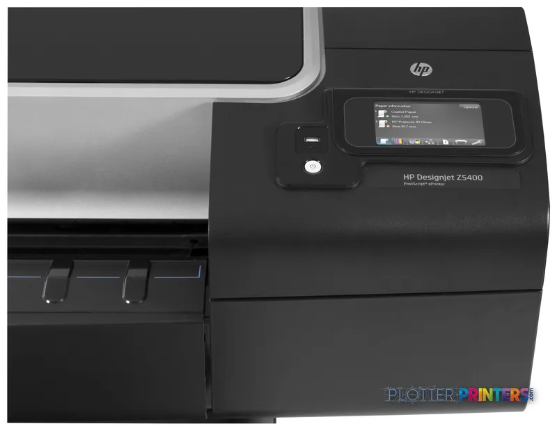 HP Designjet Z5400 PostScript printer product image showing black and grey unit with touchscreen display and paper feed