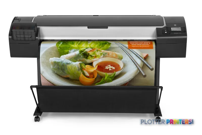HP Designjet Z5400 large-format printer product image showing black and grey printer with food photography sample output