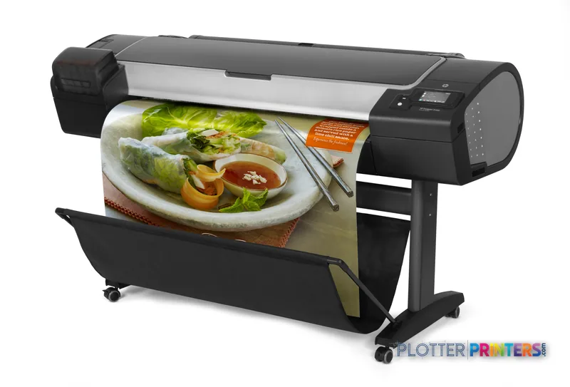 HP Designjet Z5400 large-format printer product image showing black printer with food photography output
