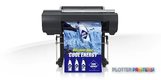 Canon imagePROGRAF iPF6400S large format printer product image showing black inkjet printer with blue beverage poster output