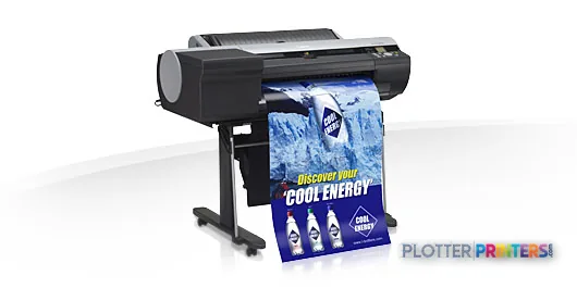 Canon imagePROGRAF iPF6400S large format printer product image showing black inkjet printer with blue printed material