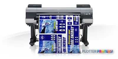 Canon imagePROGRAF iPF8400S large-format printer with blue printed material feeding through