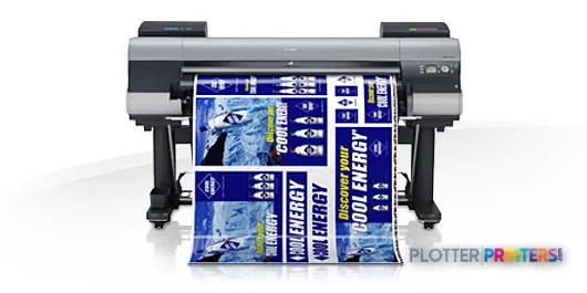 Canon imagePROGRAF iPF8400S large-format printer with blue printed material feeding through
