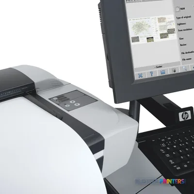 HP Designjet T1120 HD Multifunction Printer product image showing the large-format printer with control panel and connected…