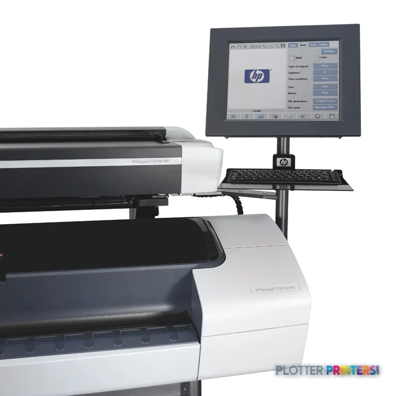 HP Designjet T1120 HD Multifunction Printer product image showing the large-format printer with integrated control monitor a…