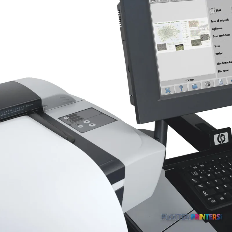 HP Designjet T1120 HD Multifunction Printer product image showing the large-format printer with control panel and connected…