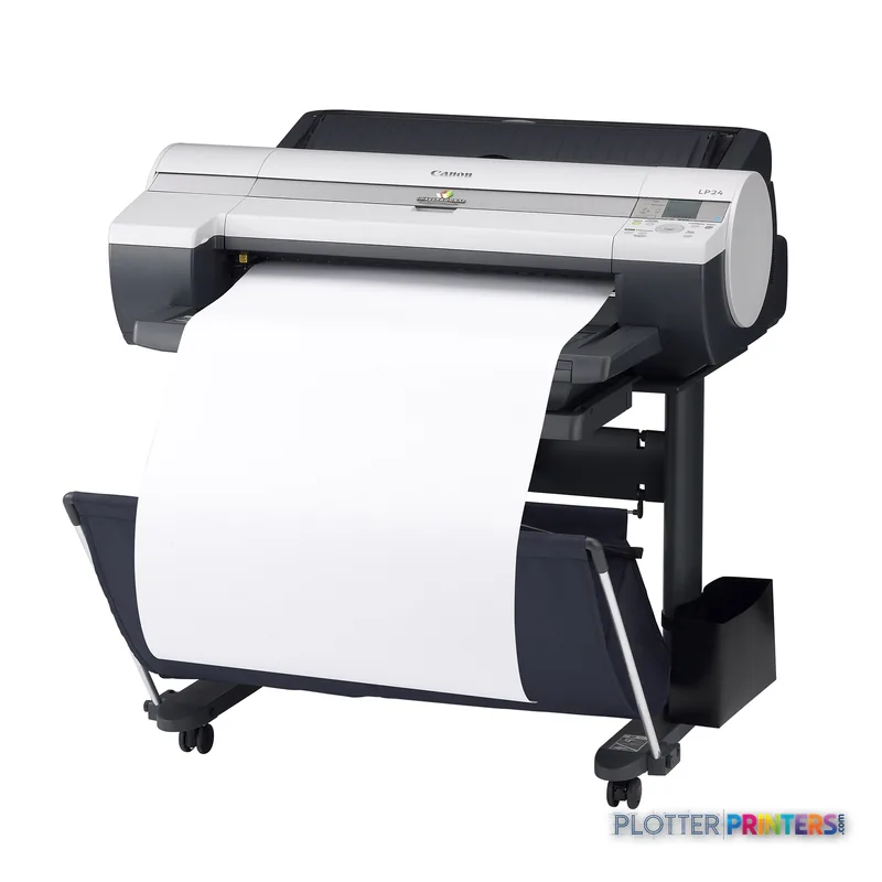Canon imagePROGRAF LP24 large-format printer product image showing white and black printer with roll feed stand