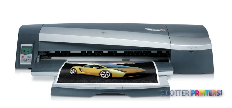 HP Designjet 130nr Printer product image showing large-format printer with yellow sports car print output