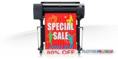 Canon imagePROGRAF iPF6400SE large format printer product image showing the device printing a colorful promotional poster